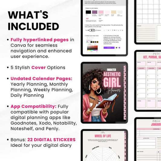 Aesthetic Girl Digital Planner + 22 Beautiful Digital Stickers (with Resell Rights)