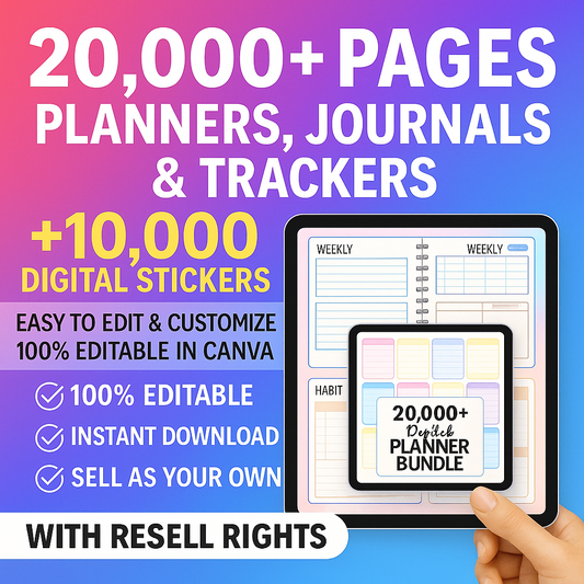 20000 Pages Planners & 10000 Digital Stickers with Resell Rights, Including Journals, Trackers, & More! | Huge Template Library