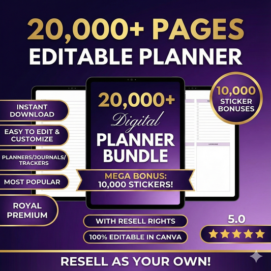 20,000 Pages Planners & 10000 Digital Stickers with Resell Rights, Including Journals, Trackers, & More! | Huge Template Library