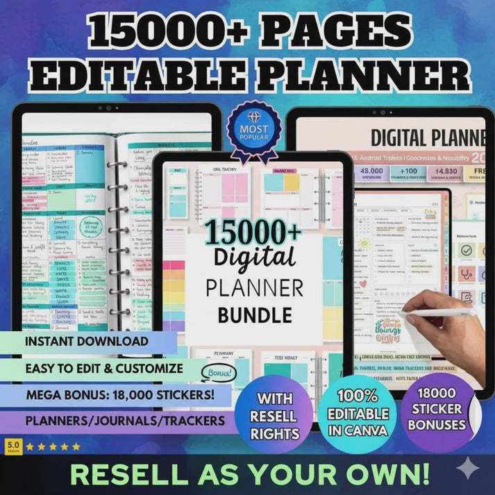 15000 Pages Planners & 8000 Digital Stickers with Resell Rights, Including Journals, Trackers, & More! | Huge Template Library