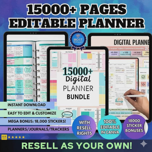 15000 Pages Planners & 8000 Digital Stickers with Resell Rights, Including Journals, Trackers, & More! | Huge Template Library