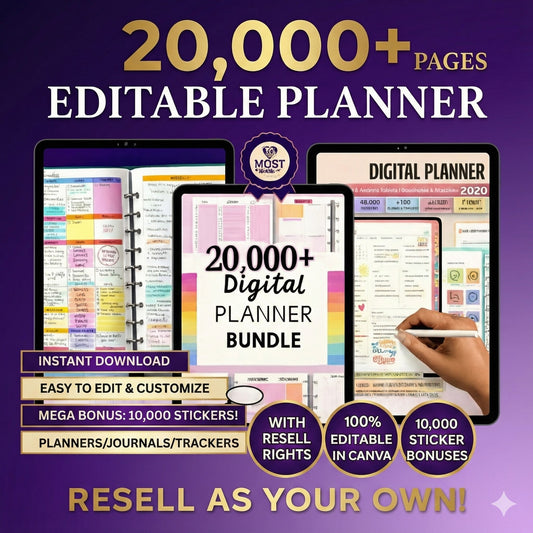 20,000 Pages Planners & 10000 Digital Stickers with Resell Rights, Including Journals, Trackers, & More! | Huge Template Library