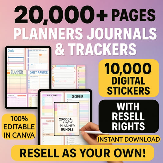 20000 Pages Planners & 10000 Digital Stickers with Resell Rights, Including Journals, Trackers, & More! | Huge Template Library